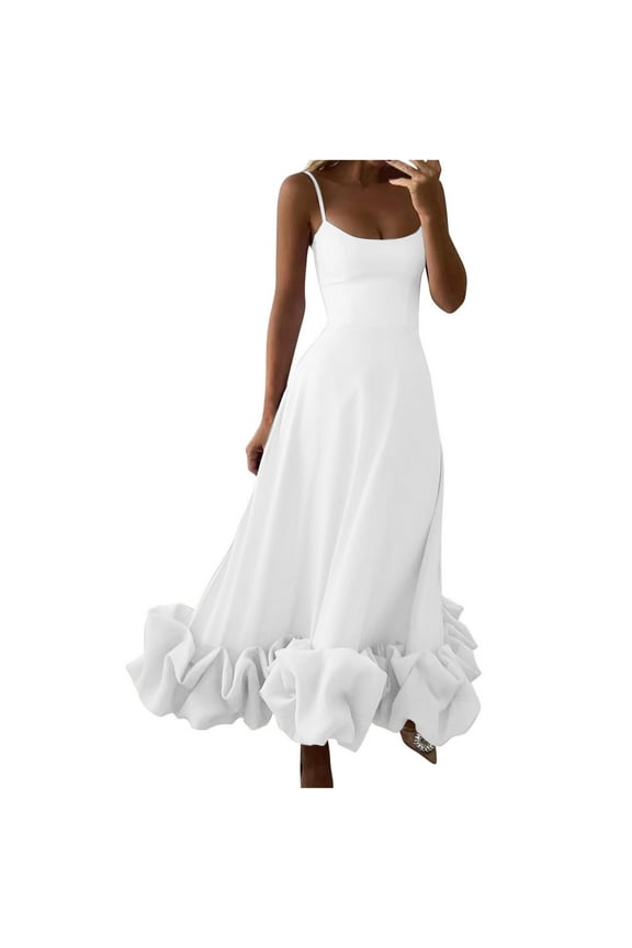 Satin Wedding Guest Dresses for Women 2024 Ruffle Long Spaghetti Straps Pleated Scoop Neck Bridesmaid Maxi Dress Elegant Solid Fitted A Line Formal Cocktail Dress