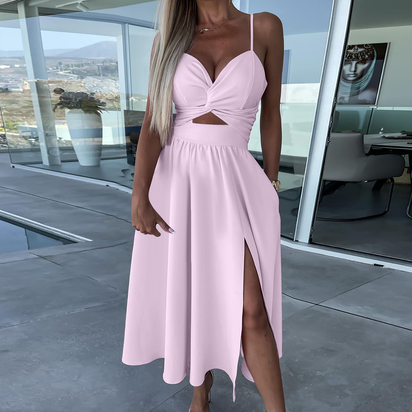 qolati Summer Dresses for Women 2023 Cute Twisted Knot Front Spaghetti  Strap Maxi Dress Elegant Hollow Out High Split Hem Prom Cocktail Party Dress 