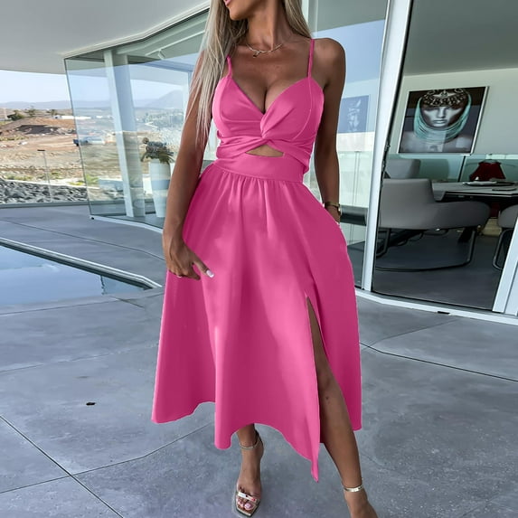 qolati Summer Dresses for Women 2023 Cute Twisted Knot Front Spaghetti Strap Maxi Dress Elegant Hollow Out High Split Hem Prom Cocktail Party Dress