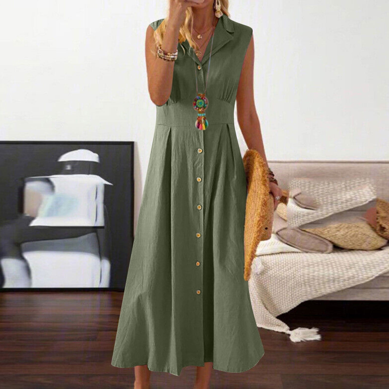 Calbatic Women's Summer Sleeveless Dress — Open Back, Cotton Linen, Mini Length With Pockets - View #9