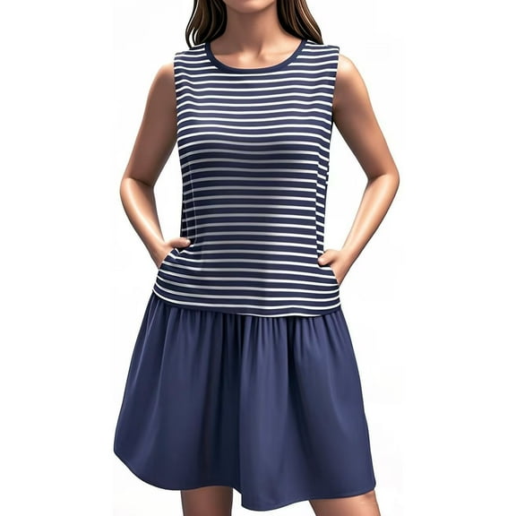 qolati Summer Dresses for Women 2025 Casual Striped Sleeveless Crewneck Tank Mini Dress Y2k Trendy Constrast Patchwork Loose Beach Sun Dresses with Pockets