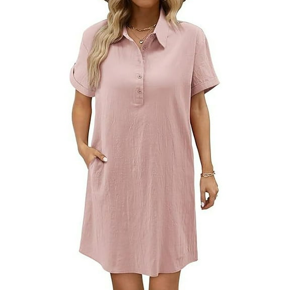 qolati Summer Dresses for Women 2025 Cotton Linen Shirt Dress Casual Short Sleeve Button Down Beach Cover Up Shirts Sun Dress with Pockets