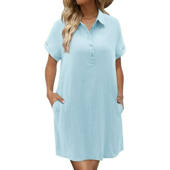 qolati Summer Dresses for Women 2025 Cotton Linen Shirt Dress Casual Short Sleeve Button Down Beach Cover Up Shirts Sun Dress with Pockets