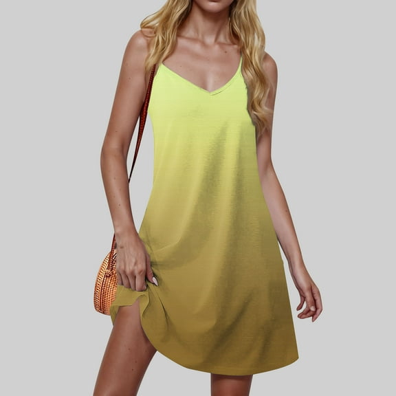 qolati Summer Dresses for Women 2025 Gradient Print Spaghetti Strap Casual Swing Tank Dress V-Neck A Line Beach Cover Up Mini Dress
