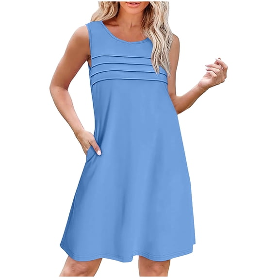 qolati Summer Dresses for Women 2025 Loose Fit Pleated Front Tank Dresses Casual Crewneck Sleeveless Pockets Sundress Beach Cover Ups