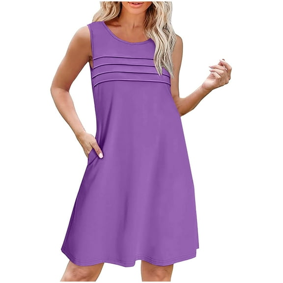 qolati Summer Dresses for Women 2025 Loose Fit Pleated Front Tank Dresses Casual Crewneck Sleeveless Pockets Sundress Beach Cover Ups