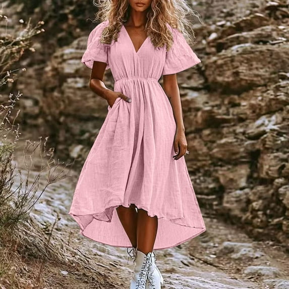 qolati Summer Dresses for Women 2025 Loose Fitted Casual V Neck Drawstring Midi Dress High Low Hem Ruffle Flowy Boho Beach Sundress