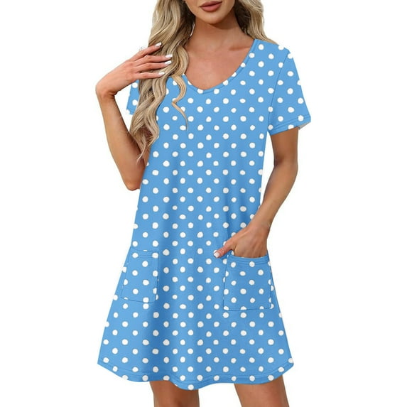 qolati Summer Dresses for Women 2025 Loose V Neck Short Sleeve Casual T Shirts Sundresses Comfy Soft Pajamas Dress Nightgowns with Pockets