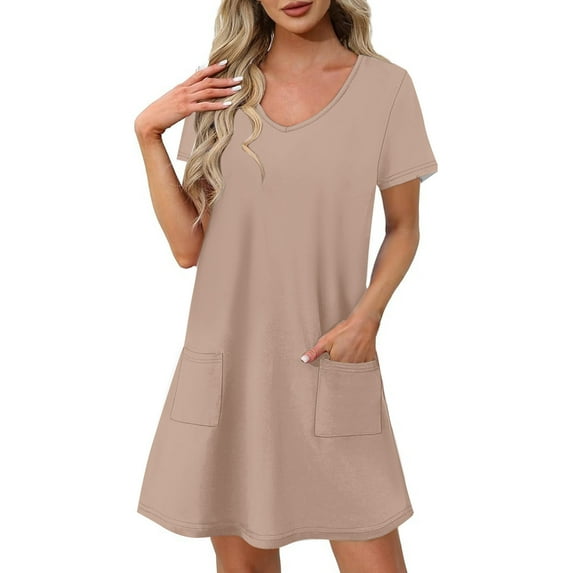 qolati Summer Dresses for Women 2025 Loose V Neck Short Sleeve Casual T Shirts Sundresses Comfy Soft Pajamas Dress Nightgowns with Pockets