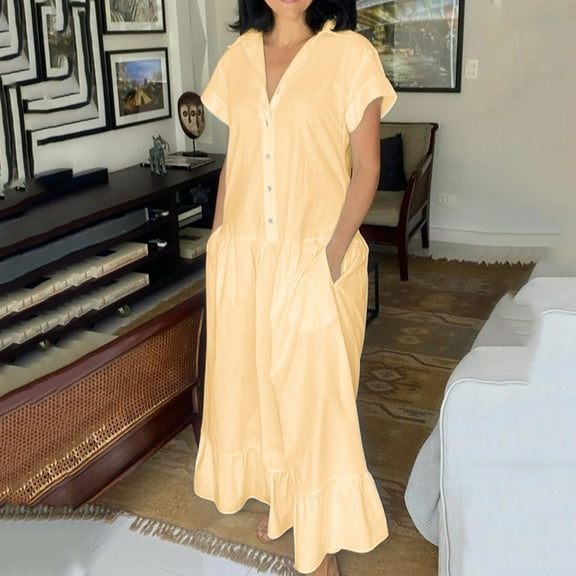 qolati Summer Dresses for Women 2025 Short Sleeve Button Down Maxi Shirt Dresses Casual Loose Fit Ruffle A Line Flowy Long Beach Sundresses