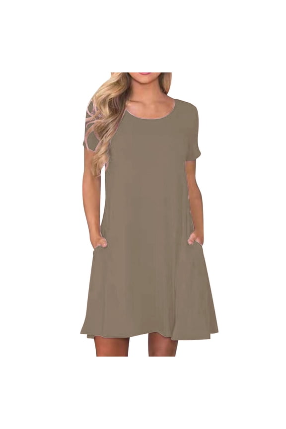 Summer Dresses for Women 2025 Solid Color Casual Short Shifts Dress Comfy Crew Neck Short Sleeve Vacation Beach Tshirts Sun Dresses with Pockets