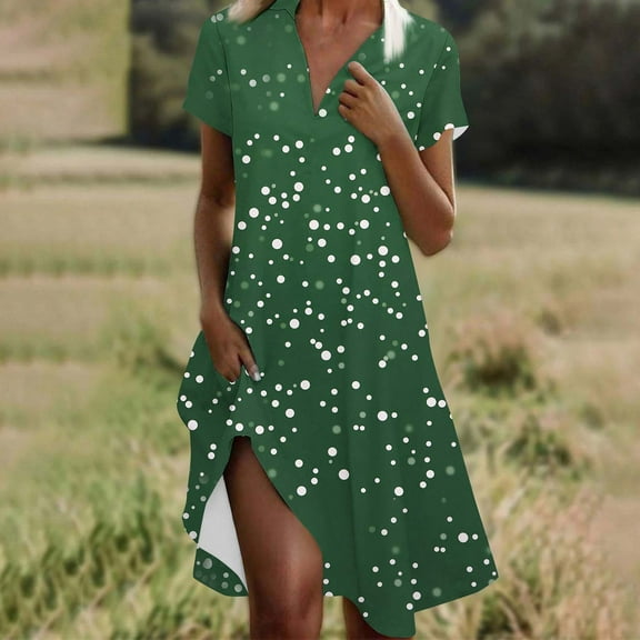 qolati Summer Dresses for Women 2025 V Neck Short Slevee Polka Dot Casual Dresses Loose Flowy A Line Boho Vacation Beach Sundress with Pockets