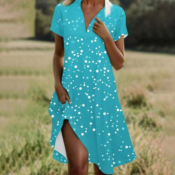 qolati Summer Dresses for Women 2025 V Neck Short Slevee Polka Dot Casual Dresses Loose Flowy A Line Boho Vacation Beach Sundress with Pockets