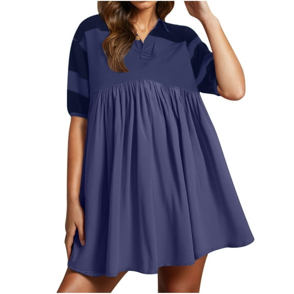 qolati Summer Dresses for Women Babydolls Dresses Oversized Casual Short Sleeve Color Block Collared V Neck Button Henley Flowy Shirt Mini Dress
