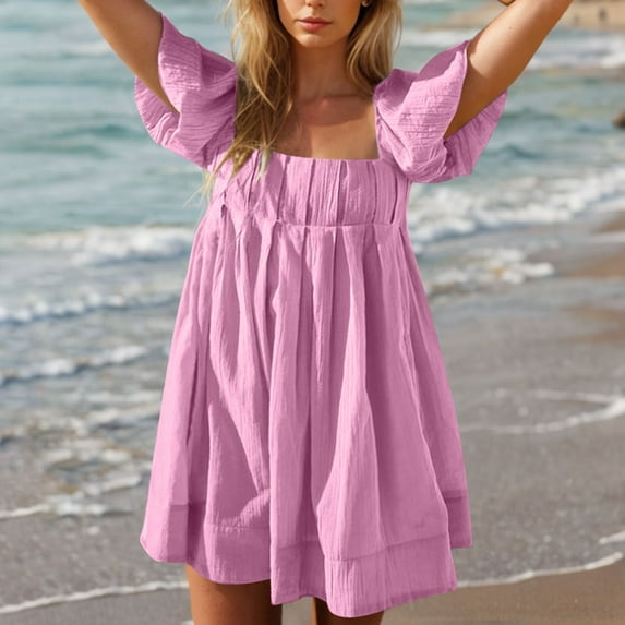 qolati Summer Dresses for Women Casual Square Neck Puff Sleeve High Waist A-Line Mini Dress Ruffled High Waist A Line Flowy Vacation Beach Dresses