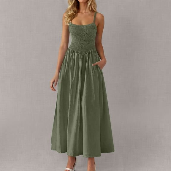 qolati Sundresses for Women 2025 Summer Casual Sleeveless Square Neck Smocked Beach Vacation Long Flowy Dress Spaghetti Strap Swing A Line Maxi Dresses with Pockets