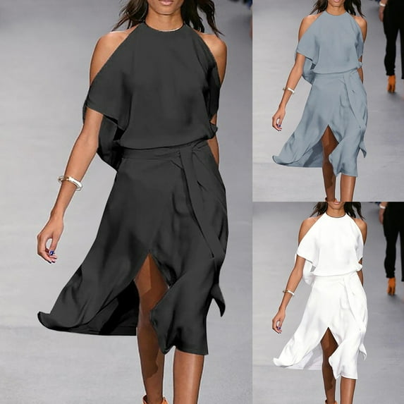 qolati Wedding Guest Dresses for Women 2023 Elegant Sleeveless Mock Neck Short Formal Dress Trendy Split Hem Belted Flowy Cocktail Party Dress