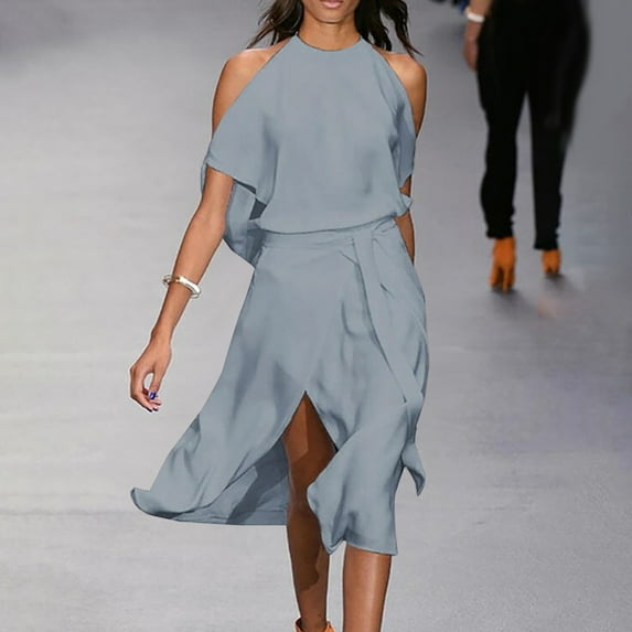 qolati Wedding Guest Dresses for Women 2023 Elegant Sleeveless Mock Neck Short Formal Dress Trendy Split Hem Belted Flowy Cocktail Party Dress