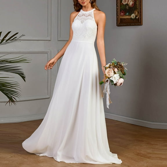 qolati Wedding Guest Dresses for Women Halter Chiffon Bridesmaid Prom Dress 2025 Lace Appliques Sleeveless Bridal Dress Cocktail Formal Maxi Long Dress Flowy Evening Gown