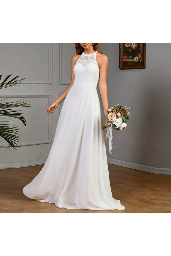 Wedding Guest Dresses for Women Halter Chiffon Bridesmaid Prom Dress 2025 Lace Appliques Sleeveless Bridal Dress Cocktail Formal Maxi Long Dress Flowy Evening Gown