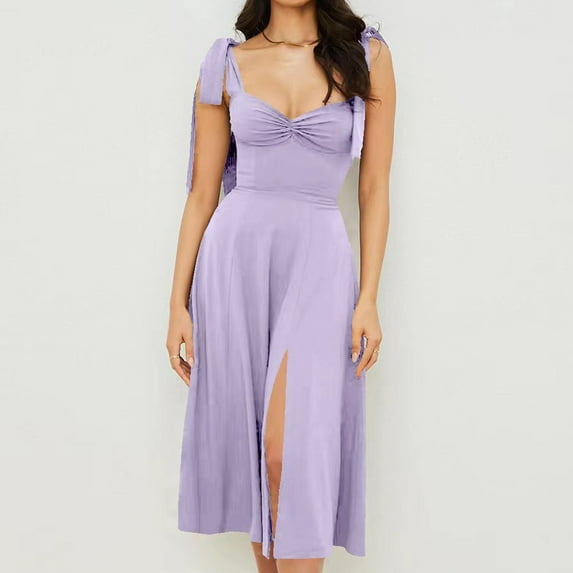 Clearance Under $20 qolati Women Bustier Midi Dresses 2023 Square Neck Low Cut Sleeveless Summer Boho Dress Solid Split Hem Pleated Cocktail Party Club Dress