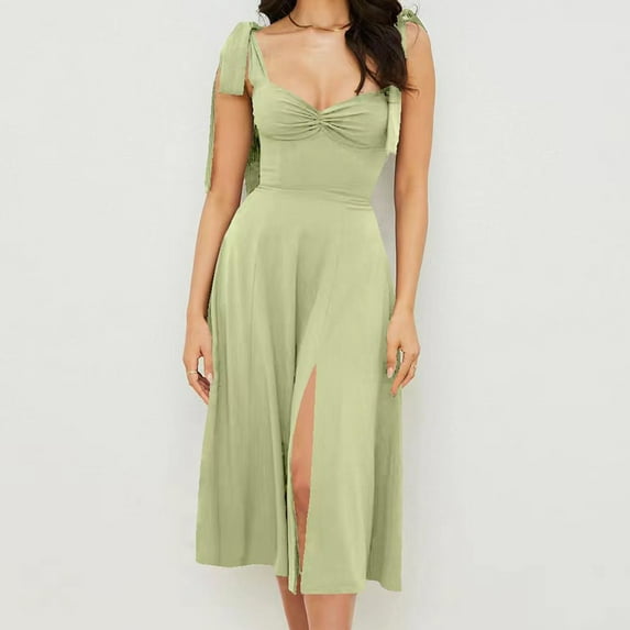 qolati Women Bustier Midi Dresses 2023 Square Neck Low Cut Sleeveless Summer Boho Dress Solid Split Hem Pleated Cocktail Party Club Dress