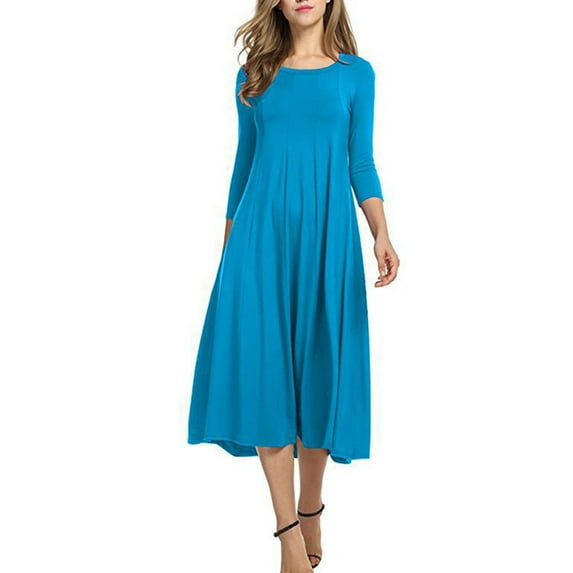 qolati Women Dresses 2025 Summer Plain Crew Neck 3/4 Sleeve Fitted Flare Dresses for Women Vintage Elegant A Line Flowy Semi-Formal Cocktail Party Midi Dress
