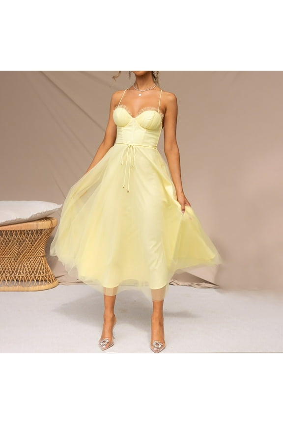Women Summer Dresses 2023 Spaghetti Straps Mesh Wedding Guest Dress Elegant Sleeveless Bandeau Tube Pleated Bridesmaid Maxi Dresses
