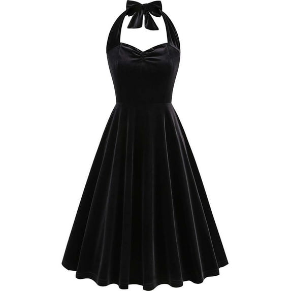 qolati Women Vintage 1950s Velvet Dresses Halter Wrap Cocktail Party Audrey Midi Dress Elegant Sleeveless Pleated A Line Rockabilly Dress