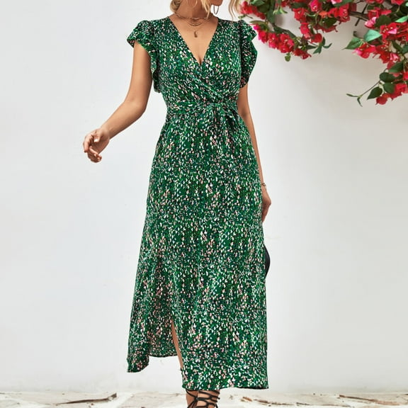 qolati Women's Summer Leopard Dresses Elegant Ruffle Slim Fit Belted V Neck Vacation Maxi Dress Trendy Split Hem Pleated Swing Beach Dress