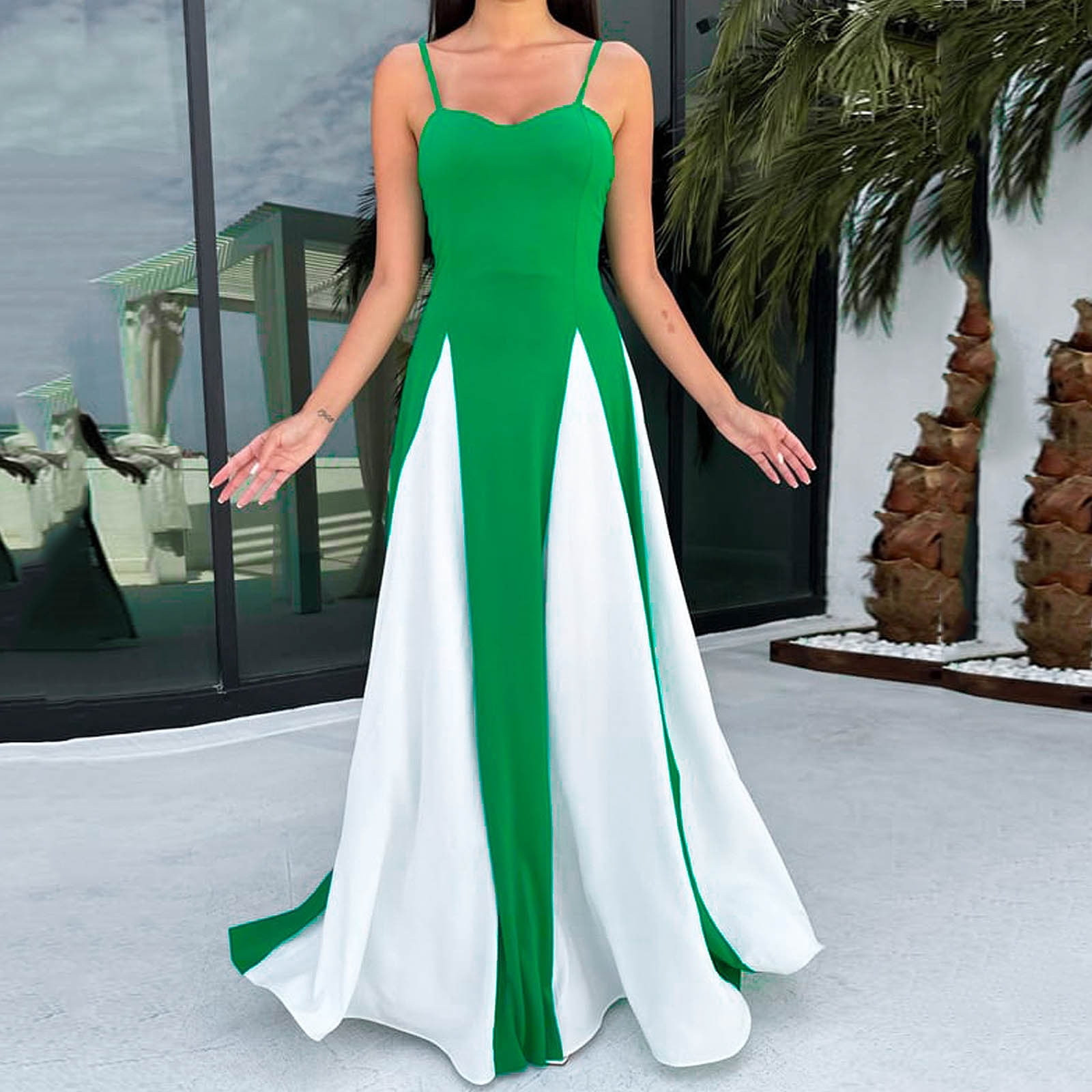 Qolati Women's V Neck Bridesmaid Dreses Patchwork Color Block Sleeveless Maxi Dress Wedding Guest Spaghetti Strap A-Line Open Back Formal Gown Green M