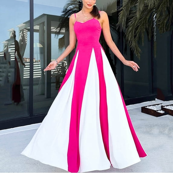 qolati Women's V Neck Bridesmaid Dreses Patchwork Color Block Sleeveless Maxi Dress Wedding Guest Spaghetti Strap A-Line Open Back Formal Gown Hot Pink M