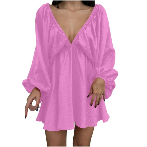 qolati Womens 2024 Fall Dresses Puff Long Sleeve Ruched Mini Sundress Deep V Neck Tunic Dress Casual Loose Flowy Swing Shift Dress