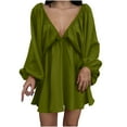 thumbnail image 1 of qolati Womens 2024 Fall Dresses Puff Long Sleeve Ruched Mini Sundress Deep V Neck Tunic Dress Casual Loose Flowy Swing Shift Dress, 1 of 5