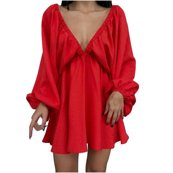 qolati Womens 2024 Fall Dresses Puff Long Sleeve Ruched Mini Sundress Deep V Neck Tunic Dress Casual Loose Flowy Swing Shift Dress