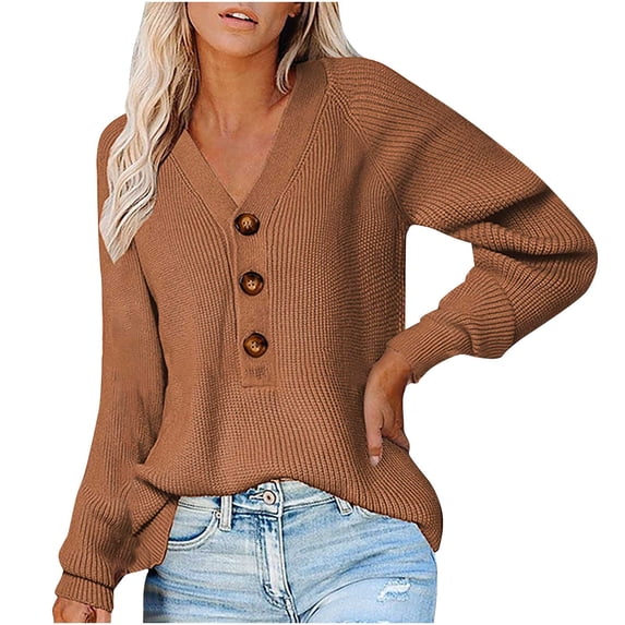 "Clearance 2022!" Olyvenn Womens Knit Pullover V-neck Sweater Coat Tops Casual Plus Size Loose Women Soild Long Sleeve Pocket Brown XXL