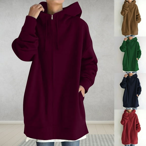 Trendy Olyvenn Womens Long Sleeve Sweatshirts Long Coat Tops Casual Plus Size Loose Women's Solid Color Hoodie Zipper Tops With Pockets Brown S