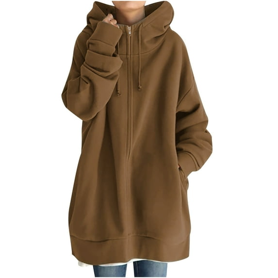 Trendy Olyvenn Womens Long Sleeve Sweatshirts Long Coat Tops Casual Plus Size Loose Women's Solid Color Hoodie Zipper Tops With Pockets Brown XXL