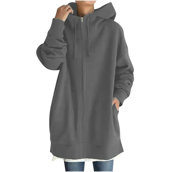 "Clearance 2022!" Olyvenn Womens Long Sleeve Sweatshirts Long Coat Tops Casual Plus Size Loose Women's Solid Color Hoodie Zipper Tops With Pockets Gray S