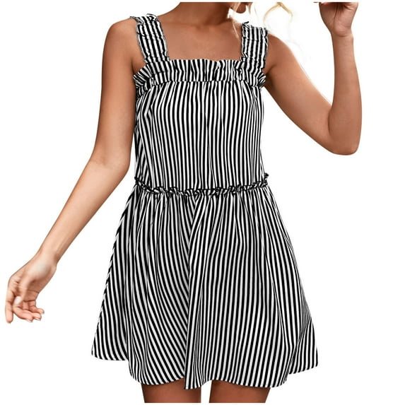 Clearance 2022 Women's Summer Dresses Midi Dress Sleeveless Ruffle Stripe Loose Flowy Sun Dress Square Neck Casual Swing Dress