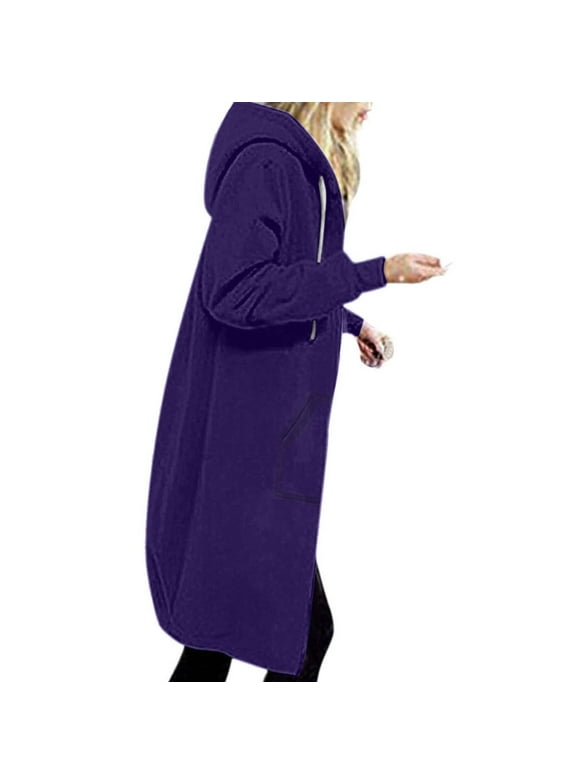 "Clearance 2023!" Olyvenn Womens Hooded Zipper Mid Length Sweater Tops Casual Plus Size Loose Women's Solid Color Jacket Plus Fleece Insert Pocket Purple 10