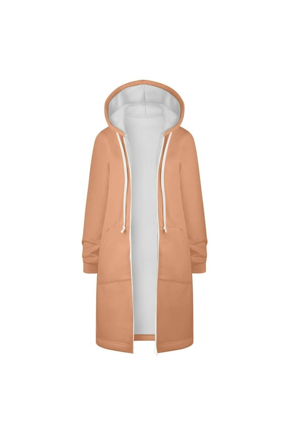 Trendy Olyvenn Womens Hooded Zipper Mid Length Sweater Tops Casual Plus Size Loose Women's Solid Color Jacket Plus Fleece Insert Pocket Orange 10