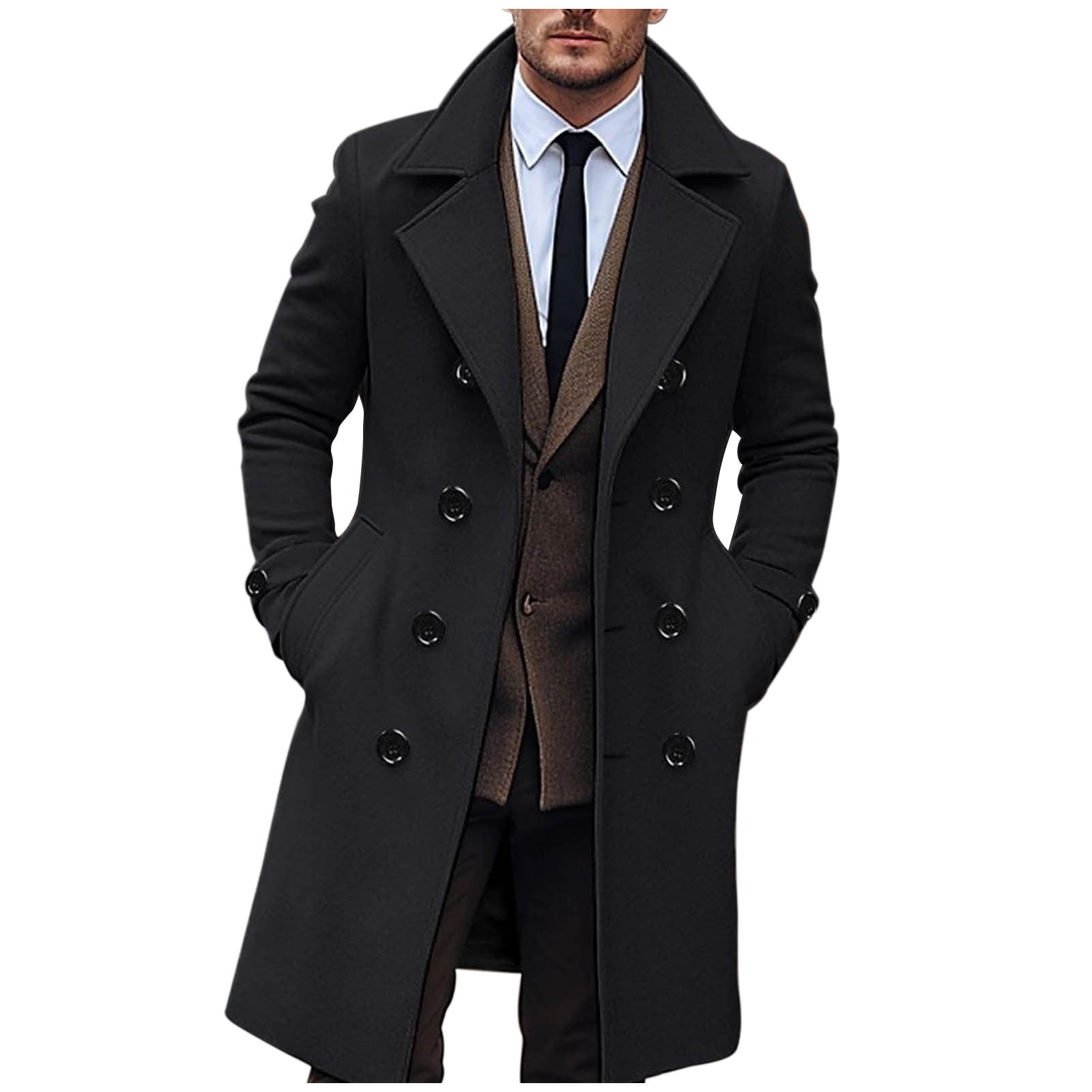 Clearance 2024! AIEOTT Men's Long Wool Coat Business Trench Coat