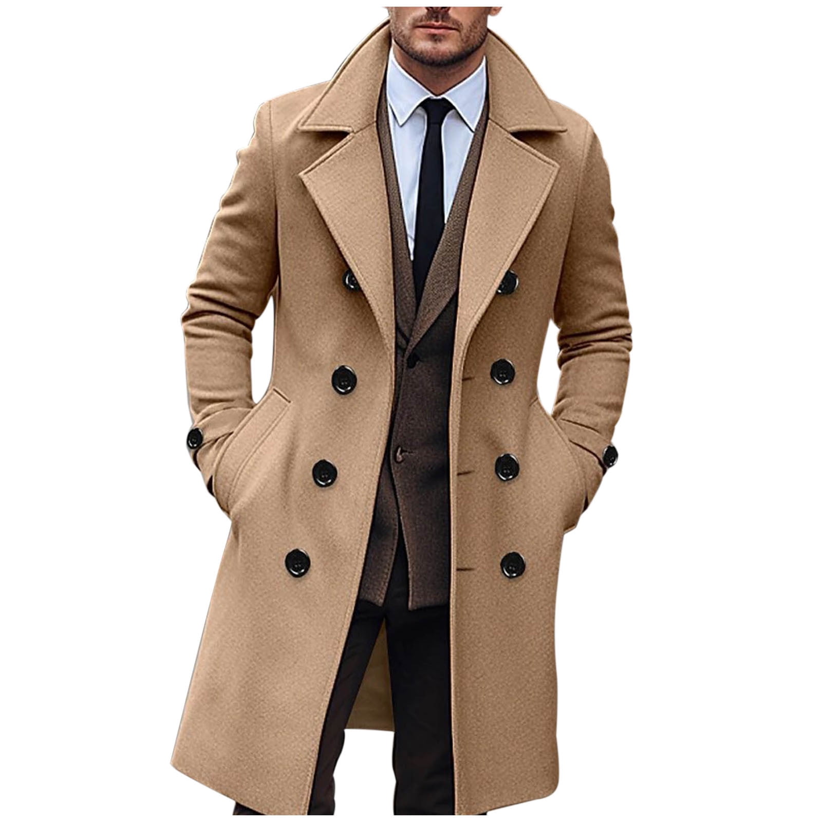 Clearance 2024! AIEOTT Men's Long Wool Coat Business Trench Coat