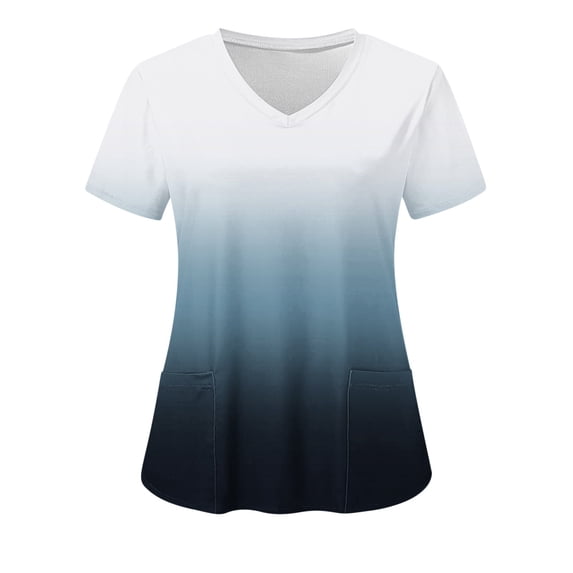 2024! Aofany Women's Working Uniform Nursing Uniform With Two Pockets Scrubs Top Gradient Color Short Sleeve V-neck Tee