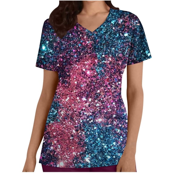 Clearance 2024! Aofany Women's Working Uniform Nursing Uniform With Two Pockets Scrubs Top Printed Short Sleeve V-neck Tee