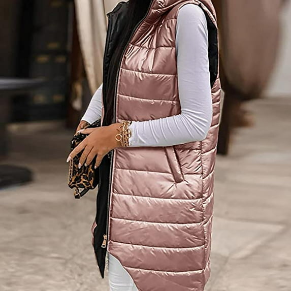 Clearance ! 2024 Heated Vest for Women Women'S Solid Color Hooded Vest Zipper Cuffless Bag Long Coat Pink S