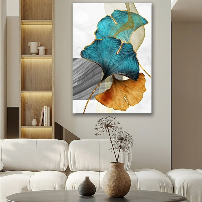 Clearance 2024 Home Decor Abstract Wall Art Painting Blue Green Yellow Gold Leaf Canvas Print Wall Artwork Pictures Ready to Hang for Living Room Bedroom Office Home Decoration Walmart