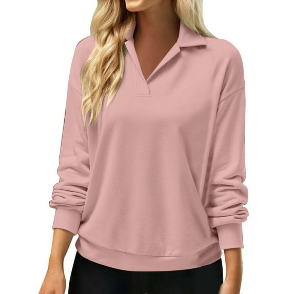 Clothing 2025!Hoodless Sweatshirt Womens Ladies Long Sleeve V Neck Shirt Collar Top Solid Color Pullover Loose Casual Sweatshirt Hoodless Sweatshirt