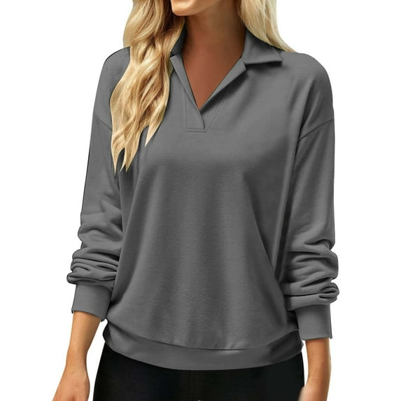 Clearance 2024!Hoodless Sweatshirt Womens Ladies Long Sleeve V Neck Shirt Collar Top Solid Color Pullover Loose Casual Sweatshirt Hoodless Sweatshirt